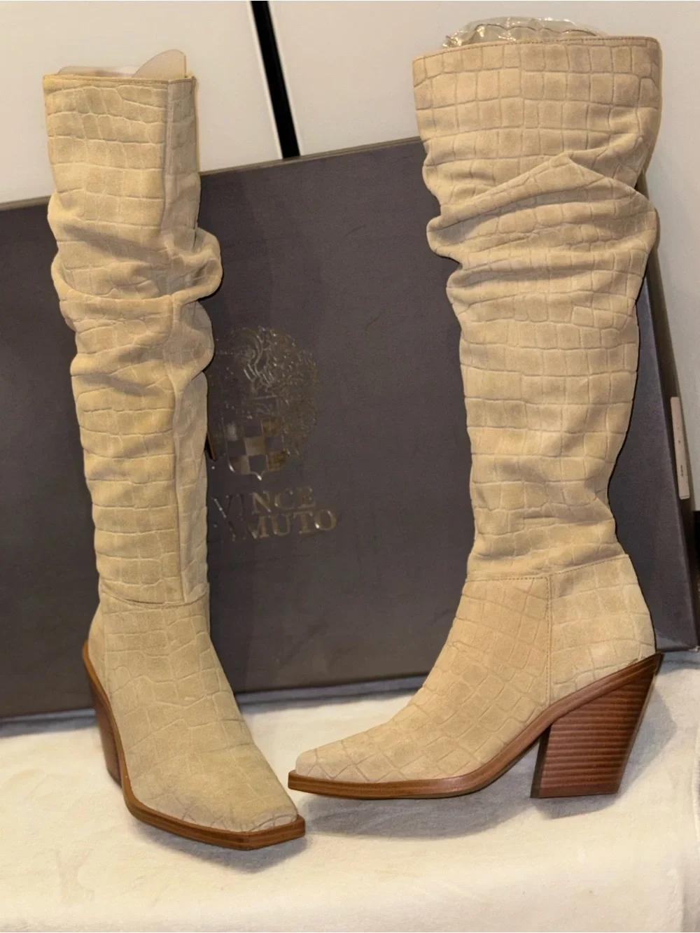Vince Camuto Beige Croc-Embossed Over-the-Knee Boots